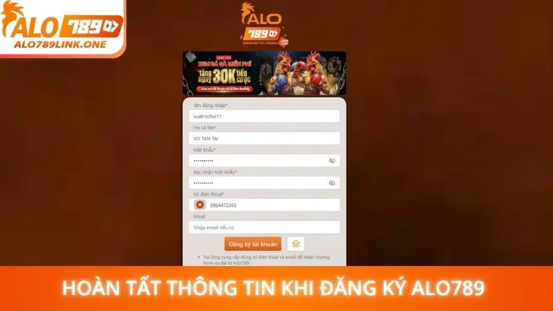 Hoàn tất thông tin khi đăng ký Alo789